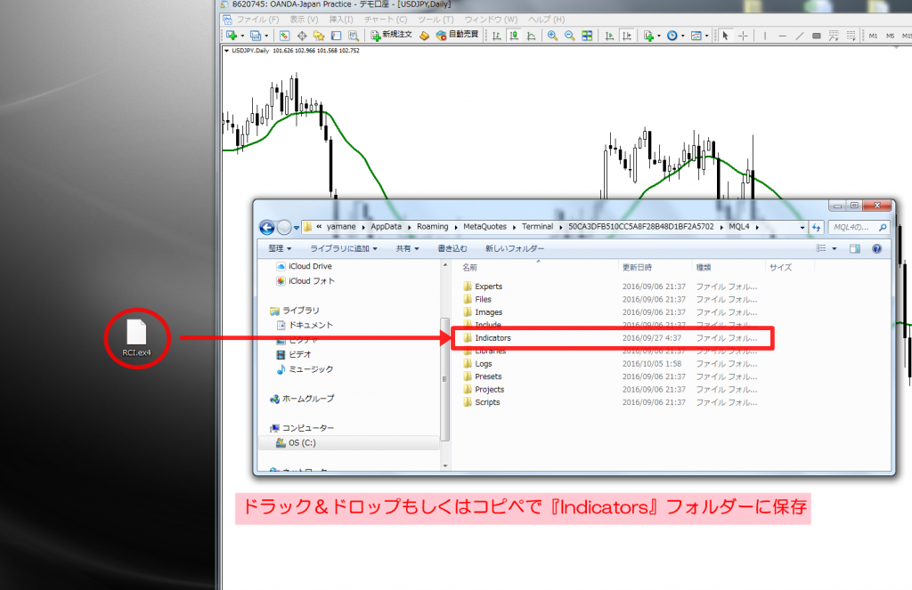 ⑤『Indicators』フォルダに、外部から入手したカスタムインジケーターをコピー＆ペースト、もしくはドラック＆ドロップで保存して下さい。