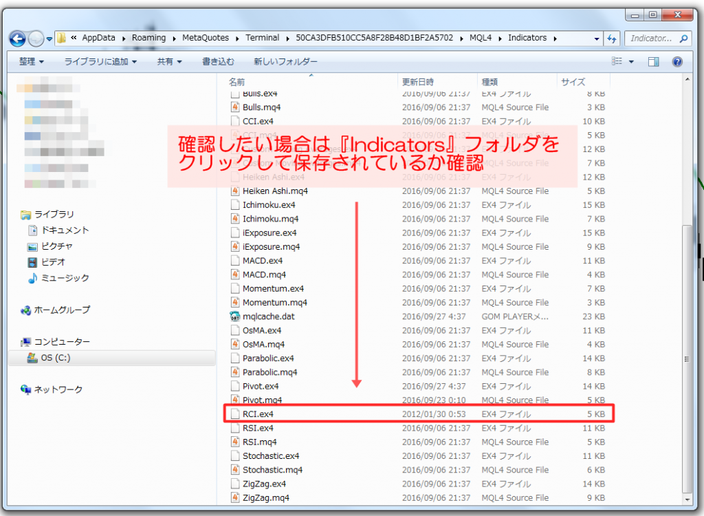 確認したい場合は、「Indicators」フォルダをクリックして保存されているか確認