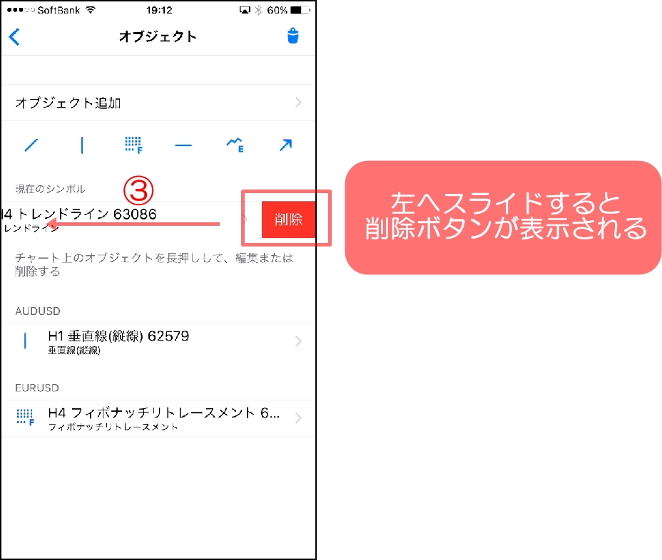 MT4スマホアプリのオブジェクトの削除する方法③