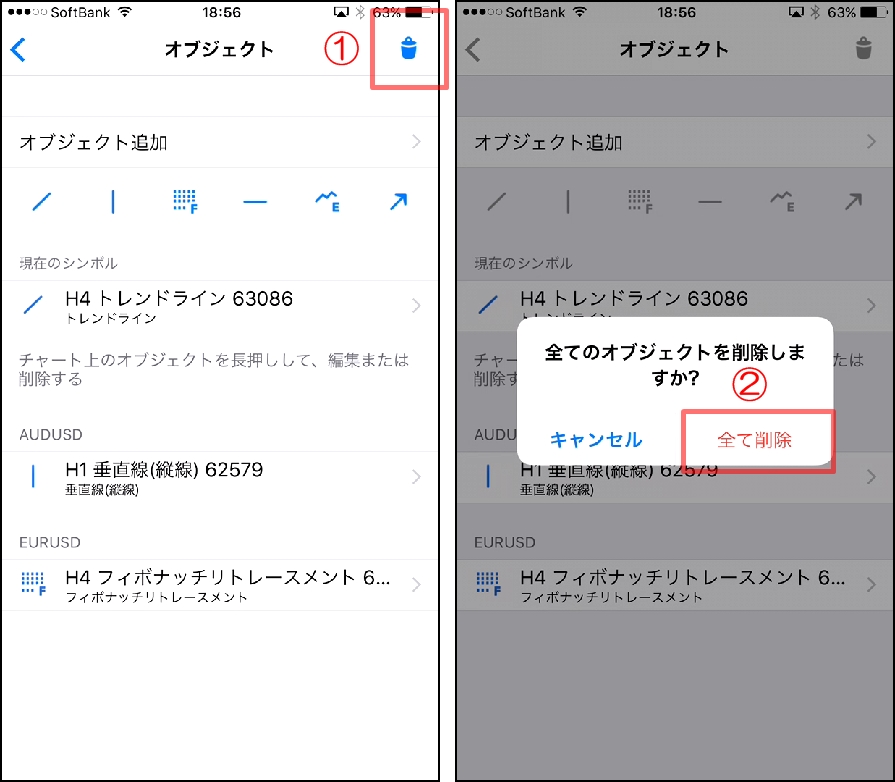 MT4スマホアプリのオブジェクトの削除する方法④